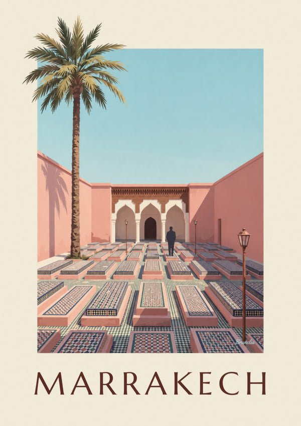 Poster delle tombe saadite di Marrakech, arcate e zellige