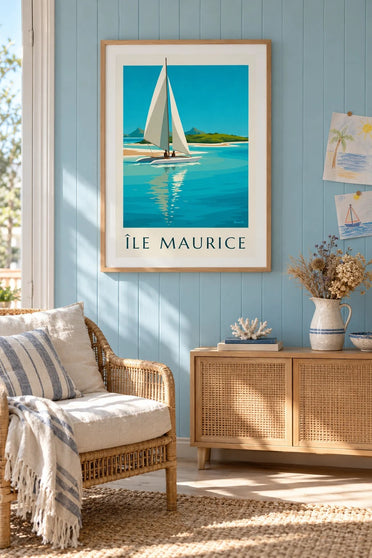 Poster dell’Isola dei Cervi e della laguna turchese (titolo ISOLA MAURITIUS) : incorniciato alla parete
