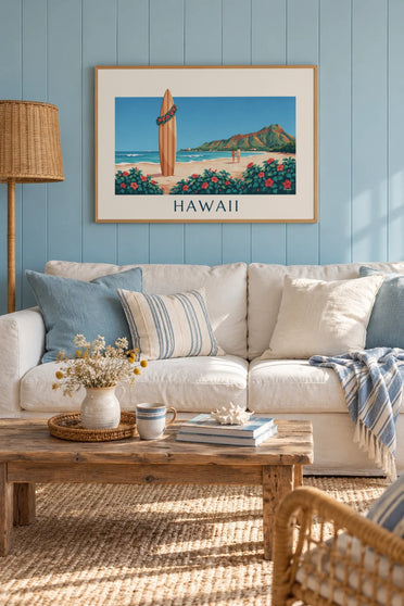 Poster tavola da surf e ibisco davanti a Diamond Head, Hawaii: incorniciato alla parete