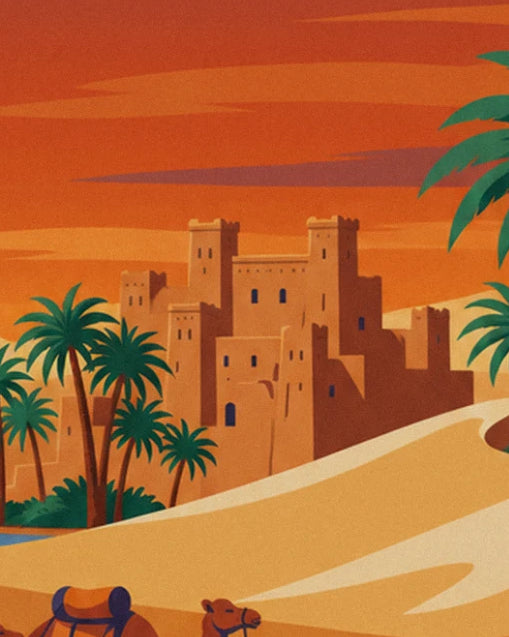 The ochre towers of a village in the Algerian Sahara, surrounded by palm trees