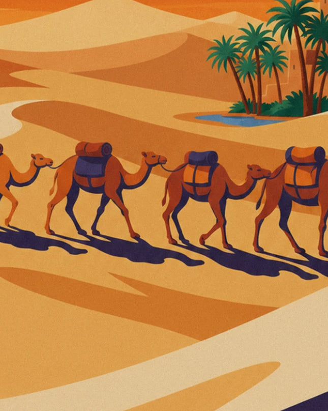 The caravan of camels laden with bundles, near a palm oasis