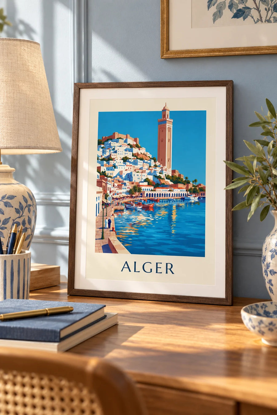 Poster Casbah bianca di Algeri che scende verso il Mediterraneo: formato piccolo A4 con cornice