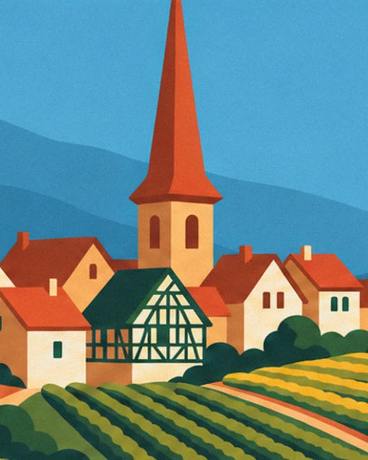 Il campanile con la guglia rossa e le case a graticcio di un villaggio alsaziano sopra i vigneti