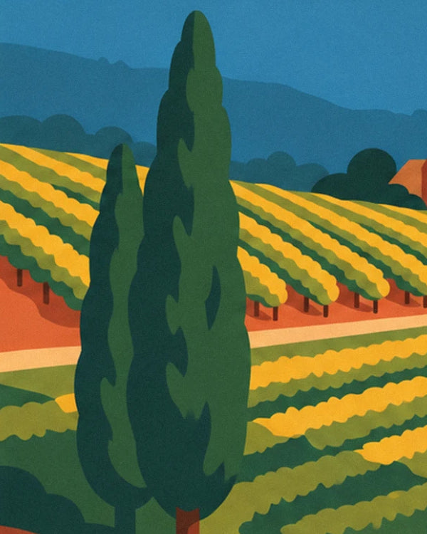 I 2 alti cipressi scuri tra i vigneti a terrazze, con le colline blu in lontananza