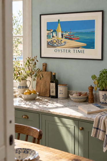 Poster ostriche e vino bianco del bacino di Arcachon: incorniciato alla parete