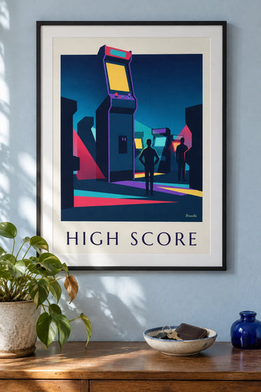 Poster di una sala giochi arcade illuminata da luci al neon: incorniciato al muro