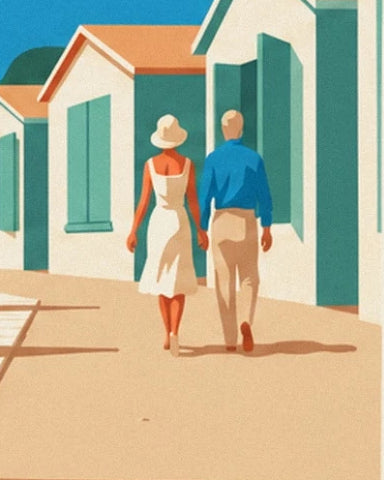 Una coppia con abito bianco e camicia blu davanti alle cabine da spiaggia dalle porte verdi
