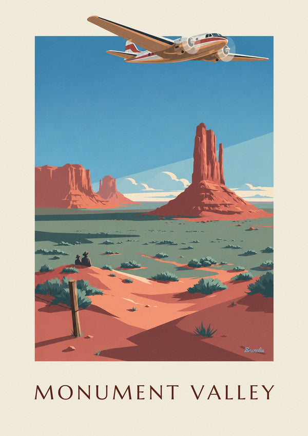 Affiche avion de ligne bimoteur au-dessus de Monument Valley