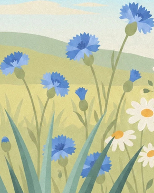 Cornflowers in bloom and in bud among daisies and tall grasses