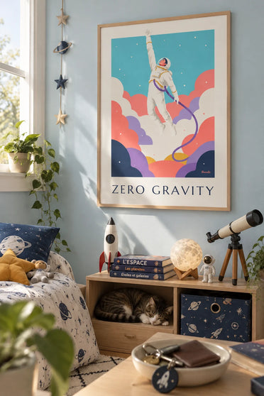 Poster astronauta in assenza di gravità che fluttua tra le nebulose: incorniciato a parete