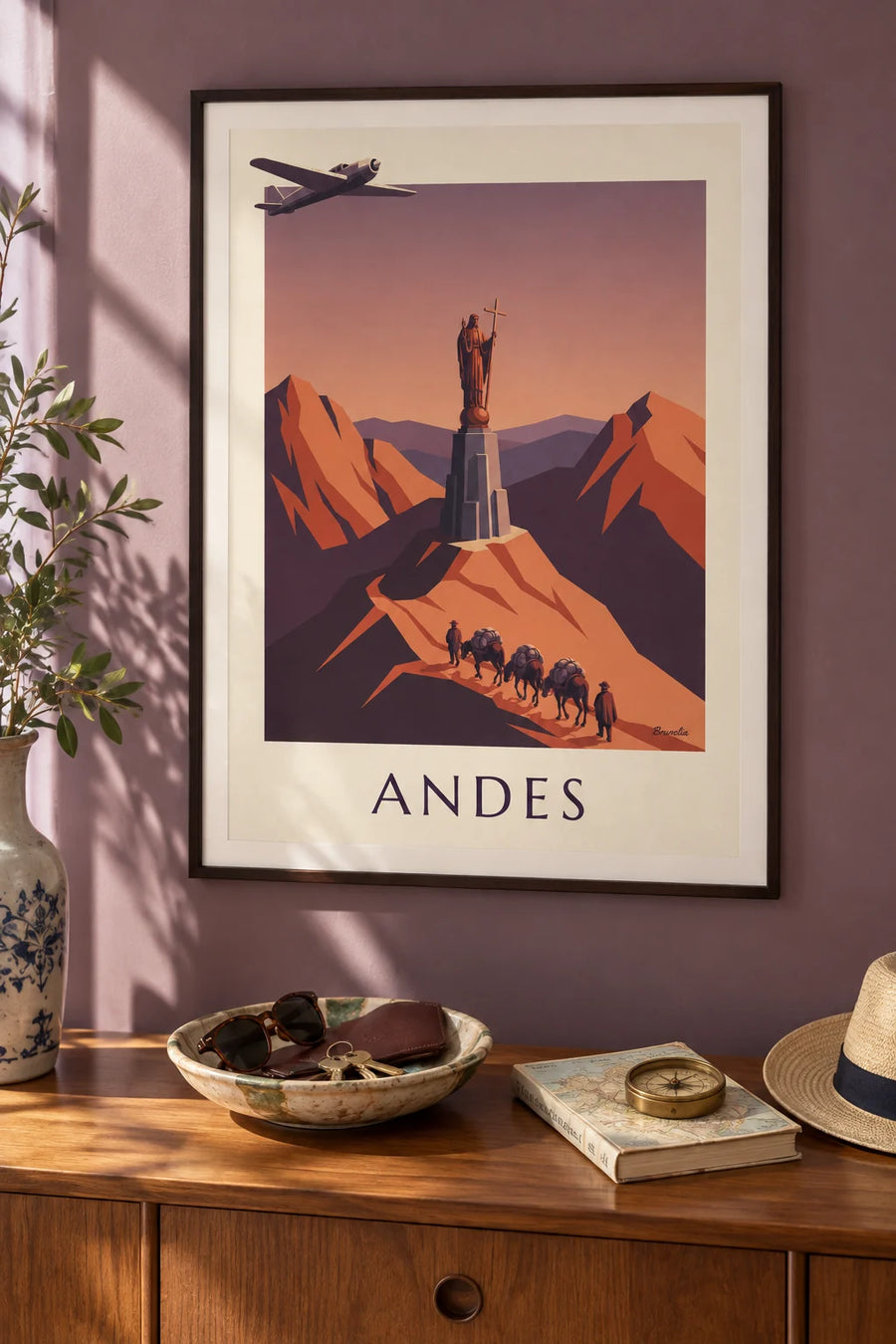 Poster aereo postale e carovana di muli sulle Ande: incorniciato alla parete
