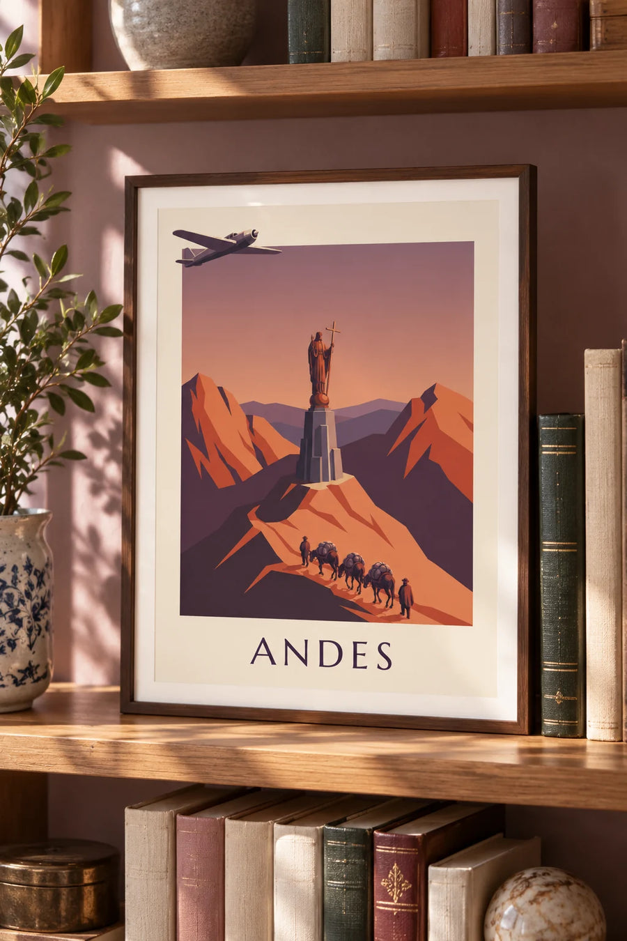 Poster con aereo postale e carovana di muli sulle Ande: formato piccolo A4 con cornice