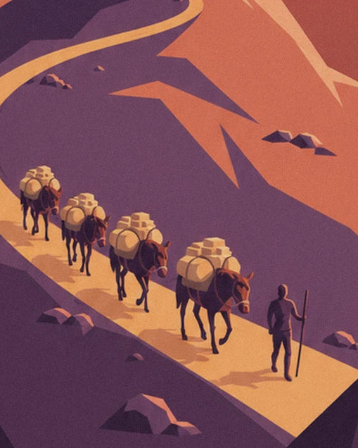 The 4 mules laden with white sacks and their muleteer with a stick, on the ochre path