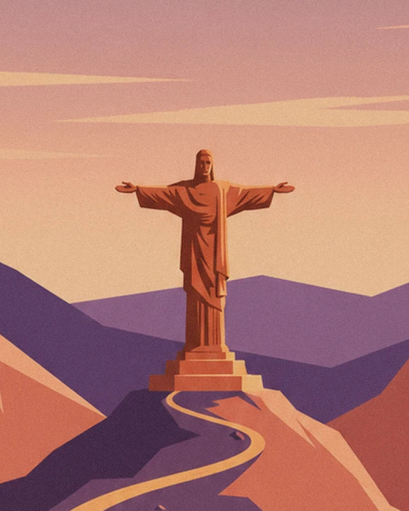 The large statue with outstretched arms on the summit, and the winding path leading up to it