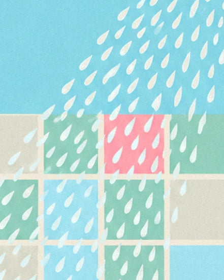 Gocce d'acqua che cadono su piastrelle verde pastello, rosa e azzurre
