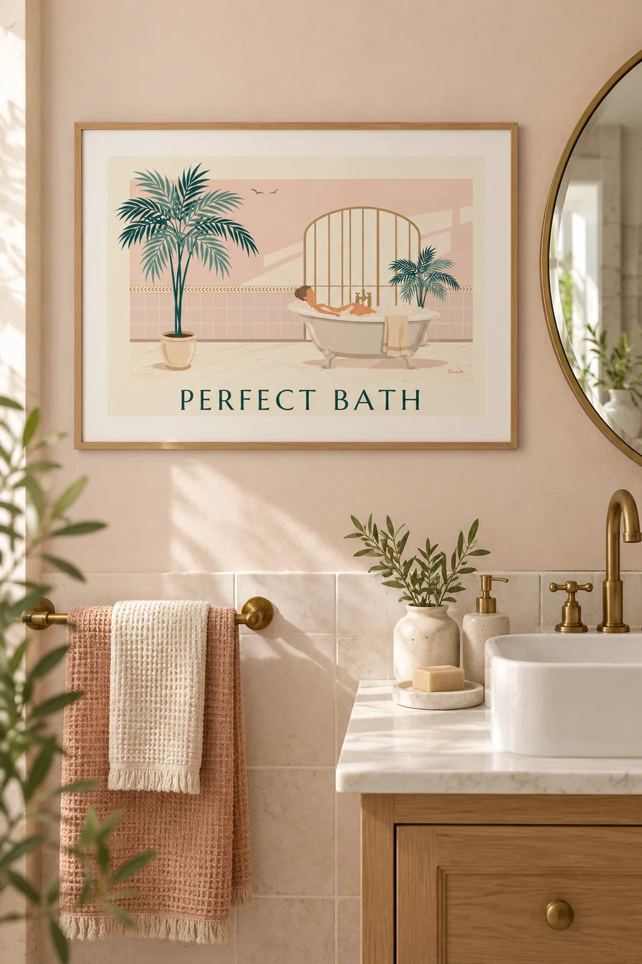 Poster donna in una vasca da bagno piena di schiuma e piante verdi: incorniciato alla parete