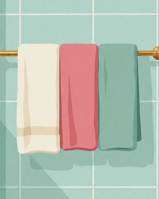 I 3 asciugamani crema, rosa e verde mare su una barra in ottone