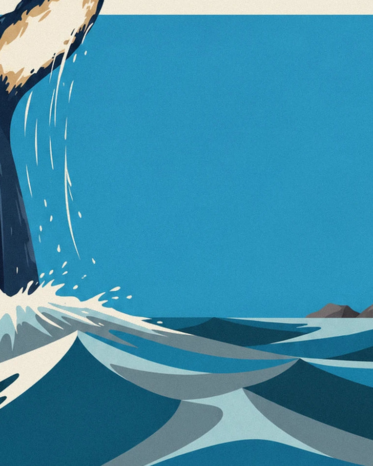 Poster megattera che si immerge nell'oceano, con la coda sollevata: dettaglio in primo piano