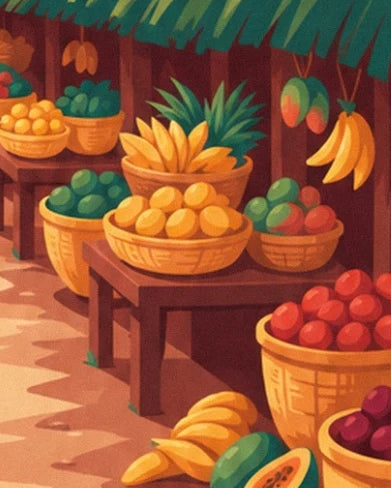 Baskets of colourful fruit and bunches of bananas on the market’s wooden stalls