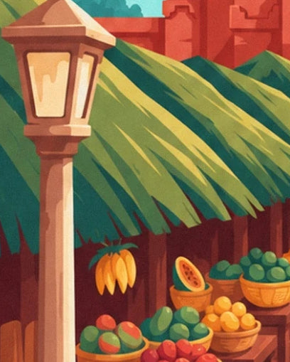 A lantern in front of the colourful fruit stall and its palm-thatched roof in Bali