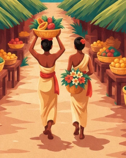 The 2 women in yellow outfits, with a basket of fruit on one head and a basket of flowers