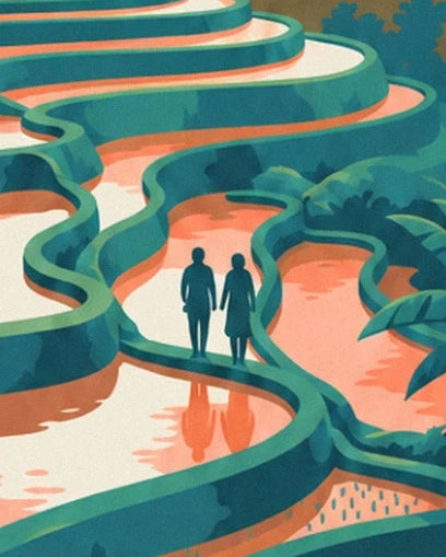 The 2 figures on a narrow bank among rice fields with orange reflections
