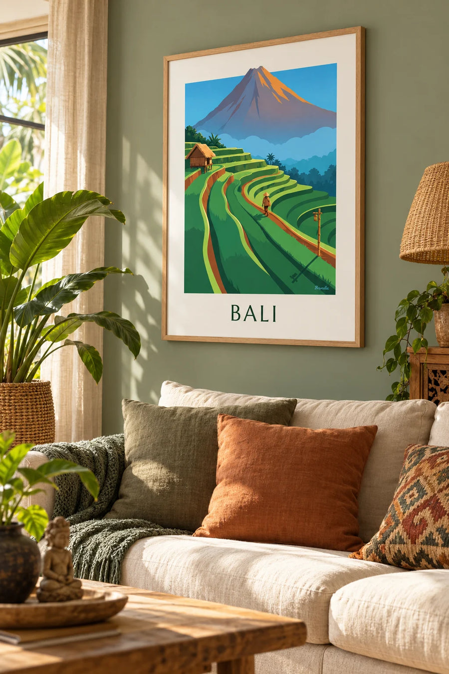 Poster con risaie a terrazze di Bali e monte Agung all'alba: con cornice alla parete