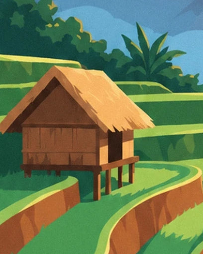 A wooden hut on stilts with a golden roof, among the terraced rice fields
