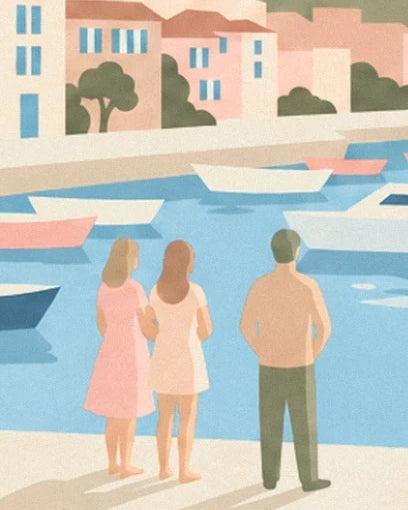 Le 3 figure viste di spalle sulla banchina, di fronte alle barche e alle facciate pastello
