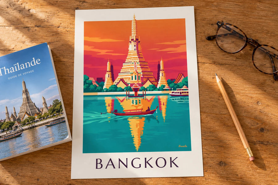 Poster tempio Wat Arun in riva al fiume a Bangkok: appoggiato su un tavolo