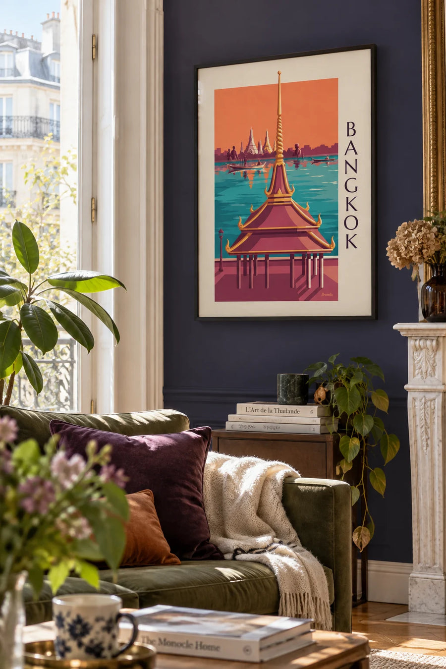 Poster of Wat Arun temple on the riverbank in Bangkok: framed on the wall