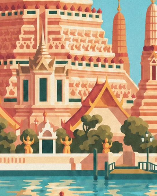 The temple's ornate façade, its 3 golden statues among the trees and its jetty beside the river