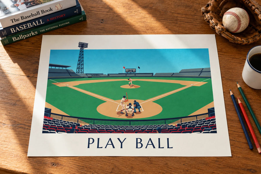 Poster con partita di baseball vista dalle tribune in un pomeriggio: appoggiato su un tavolo