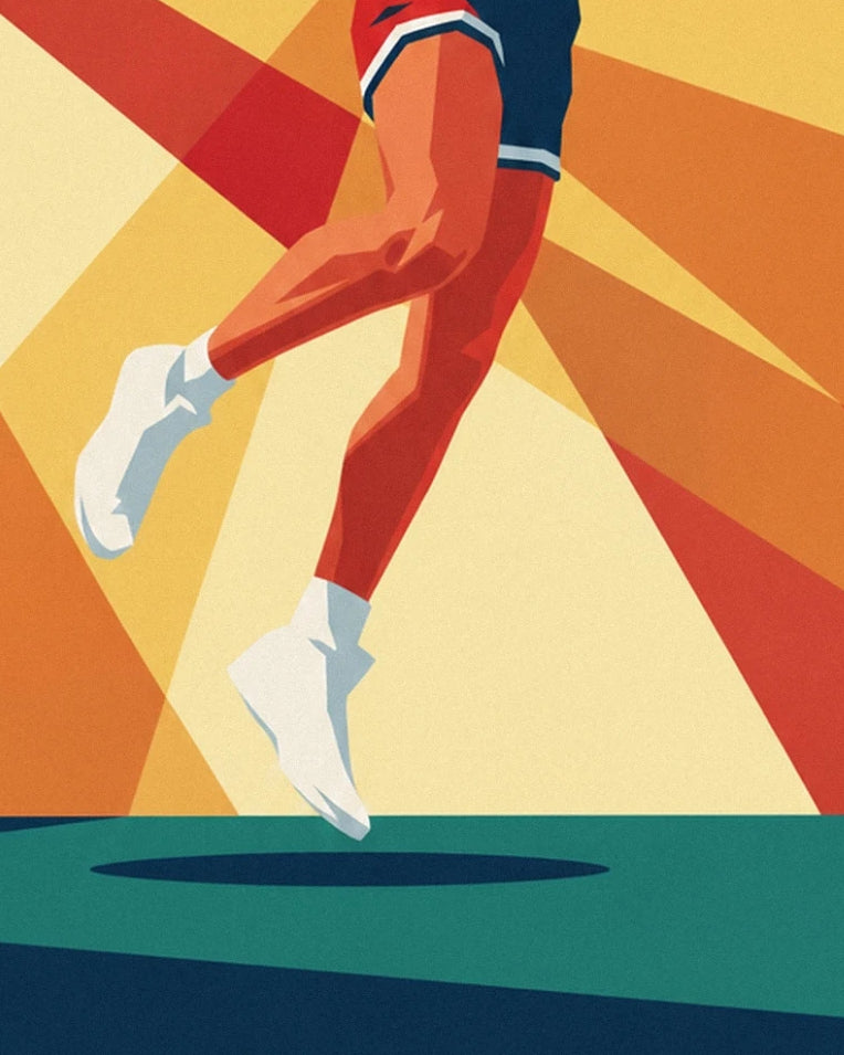 Basketball player mid-dunk with sunburst rays poster: close-up detail