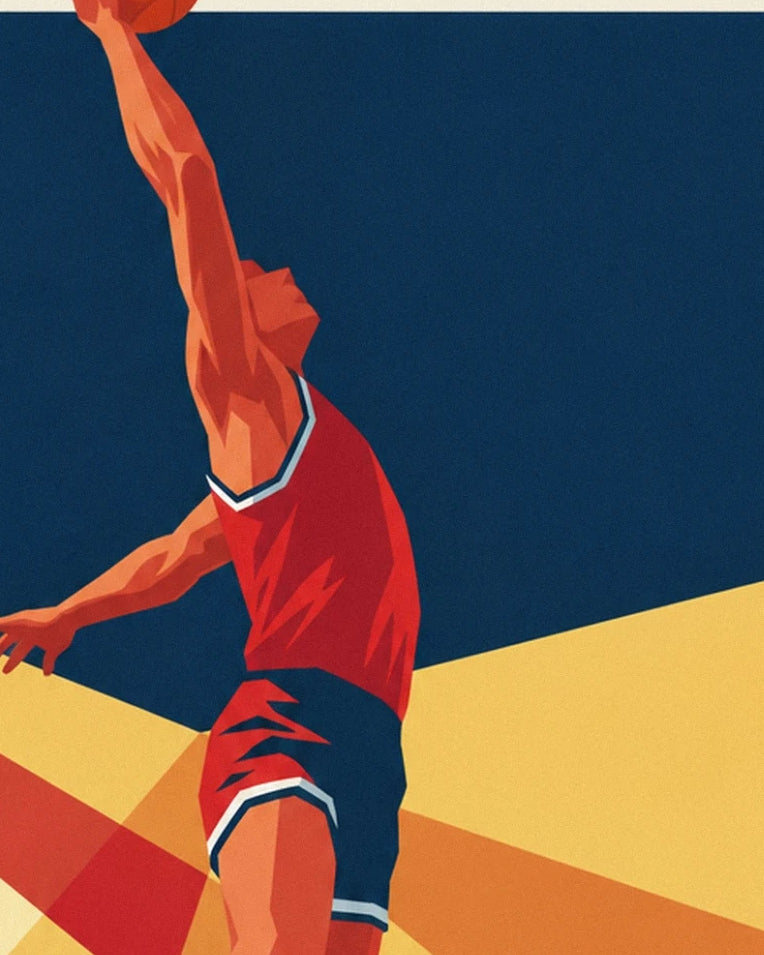 Basketball player mid-dunk with sunburst rays poster: close-up detail