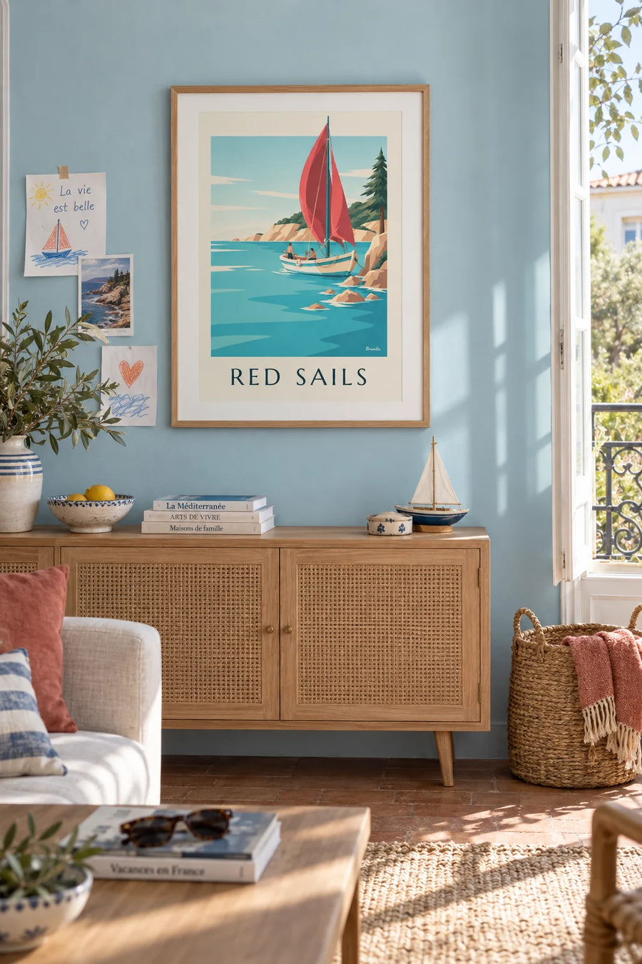 Poster of a Catalan boat with red lateen sails: framed on the wall