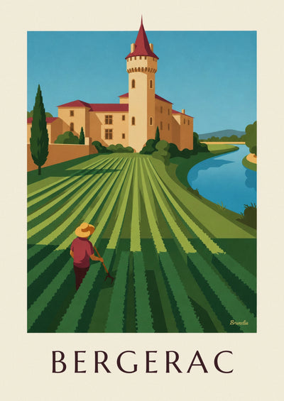 Poster castello con torri rotonde e vigneti di Bergerac: il poster intero
