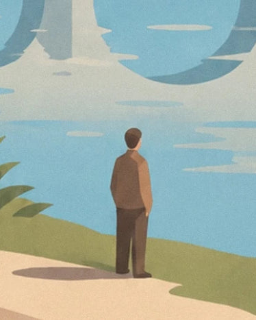 A man seen from behind in a brown jacket beside the blue water on a pale path