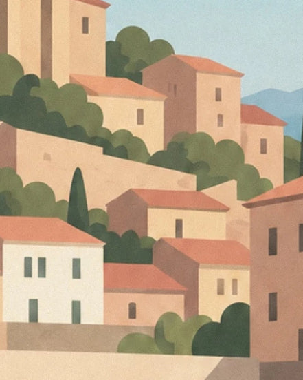 The houses of Béziers with ochre façades and tiled roofs among the trees