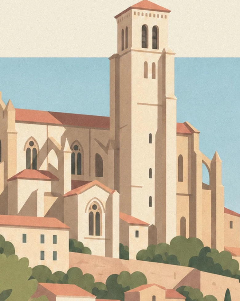 Saint-Nazaire cathedral with its tall pale tower and red tiled roofs