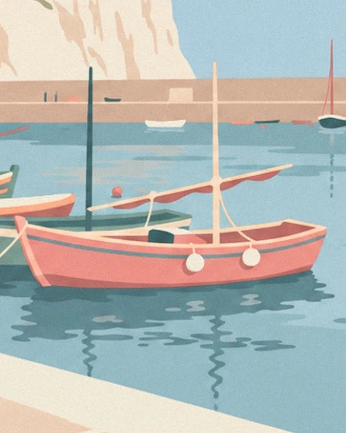 The coral boat and its 2 white fenders on the blue harbour water