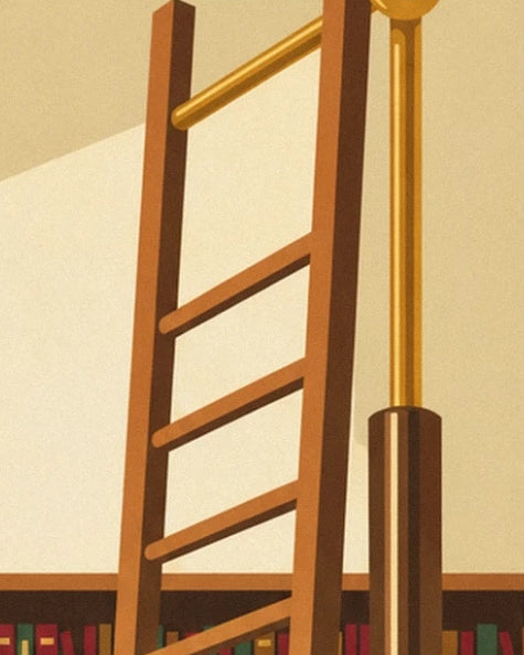 La scala di legno e il suo binario in ottone dorato, davanti a una parete chiara