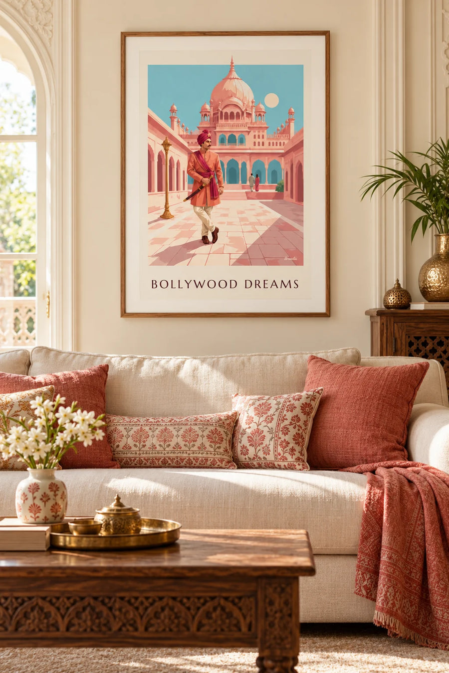 Poster Bollywood, eroe indiano davanti a un palazzo con cupole: incorniciato alla parete