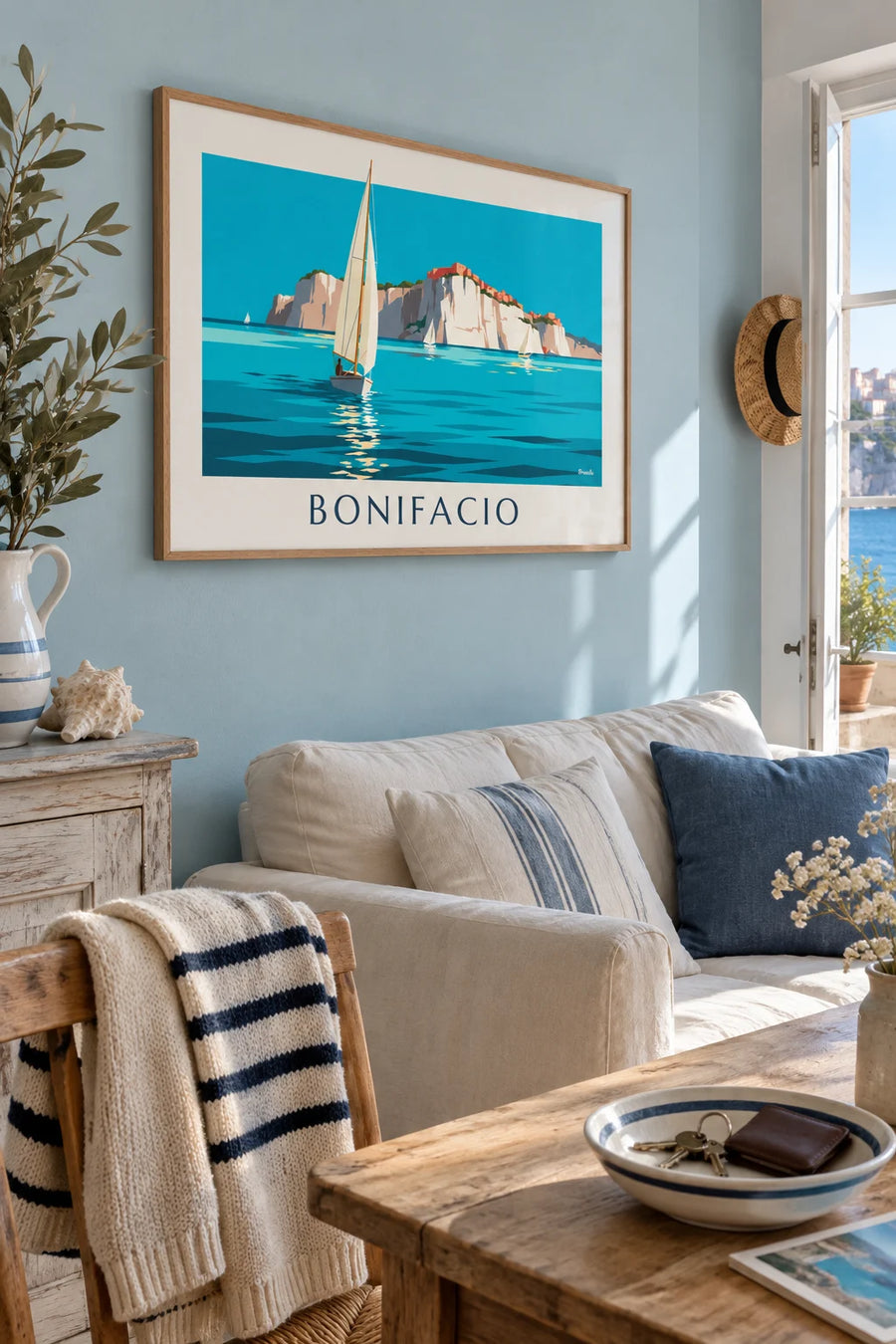 Poster of the white cliffs and sailboats of Bonifacio in Corsica: framed on the wall