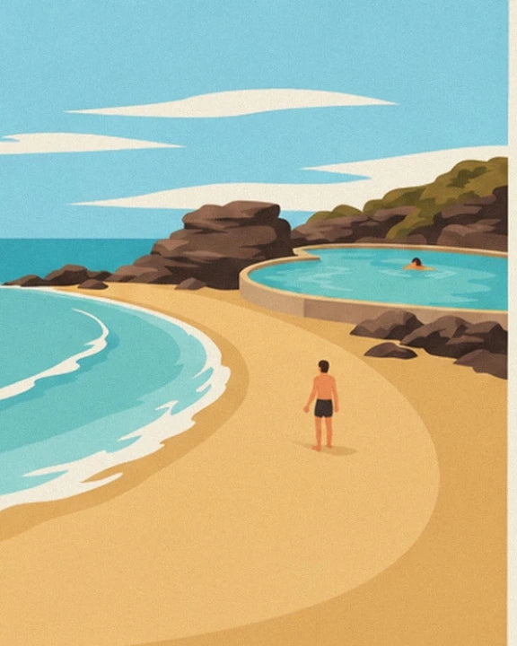 A lone bather on the golden sand, facing the ocean pool between the rocks