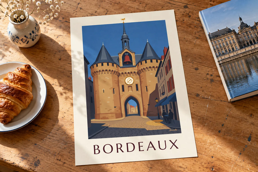 Poster Grosse Cloche di Bordeaux e dehors di un caffè: appoggiato su un tavolo