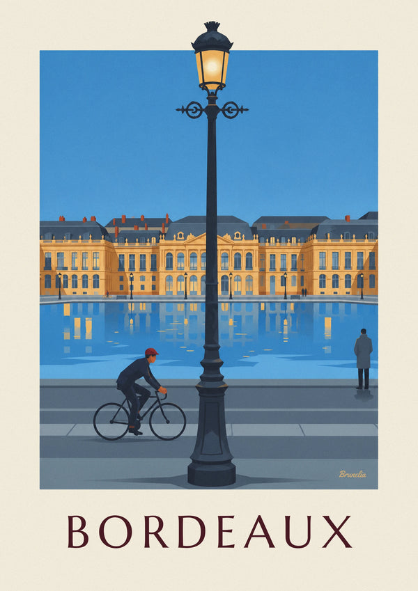 Poster ciclista davanti allo specchio d'acqua di Bordeaux al crepuscolo