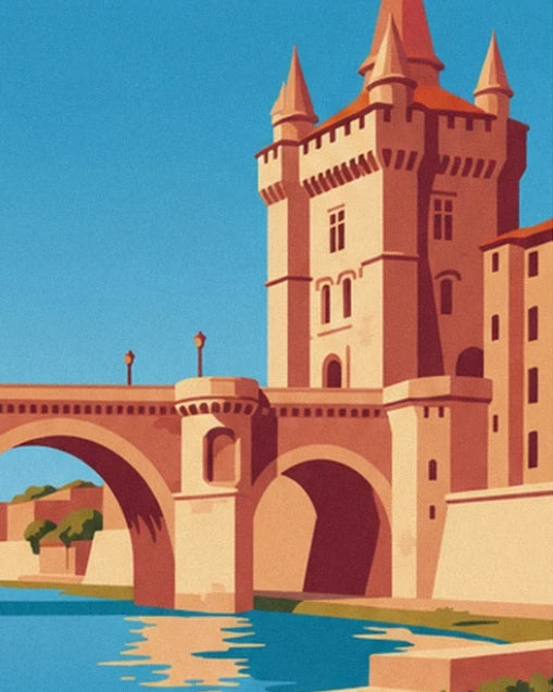 The battlemented tower with small turrets near the pink stone bridge, beside the water