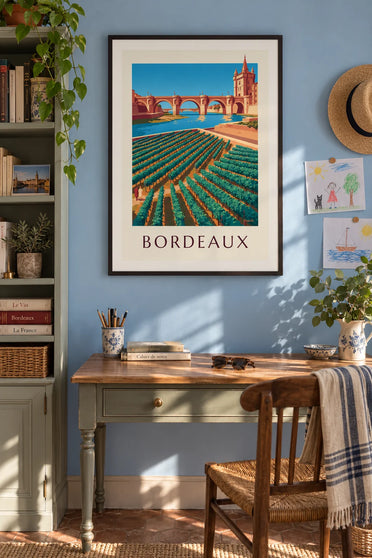 Poster Pont de Pierre e Porte Cailhau a Bordeaux visti dai vigneti: incorniciato alla parete
