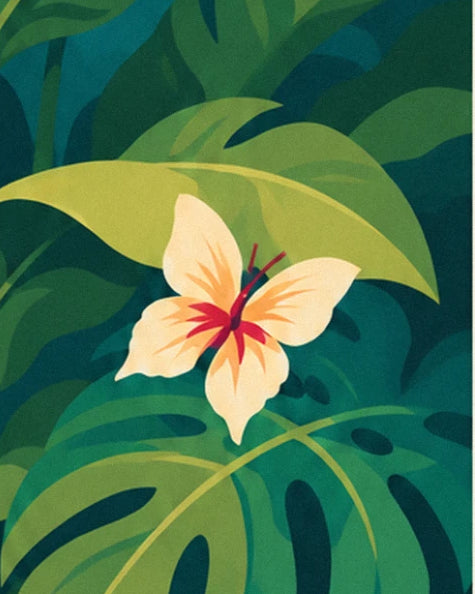Une fleur crème au cœur rouge posée sur les larges feuilles de monstera
